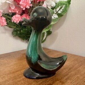 Blue Mountain Pottery Duck Figurine Green Black Drip Glaze Canadian Vintage MCM‎